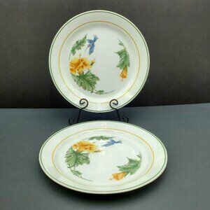 Corelle Hummingbird Dinner Plates Flowers Leaves Green Gold Bands